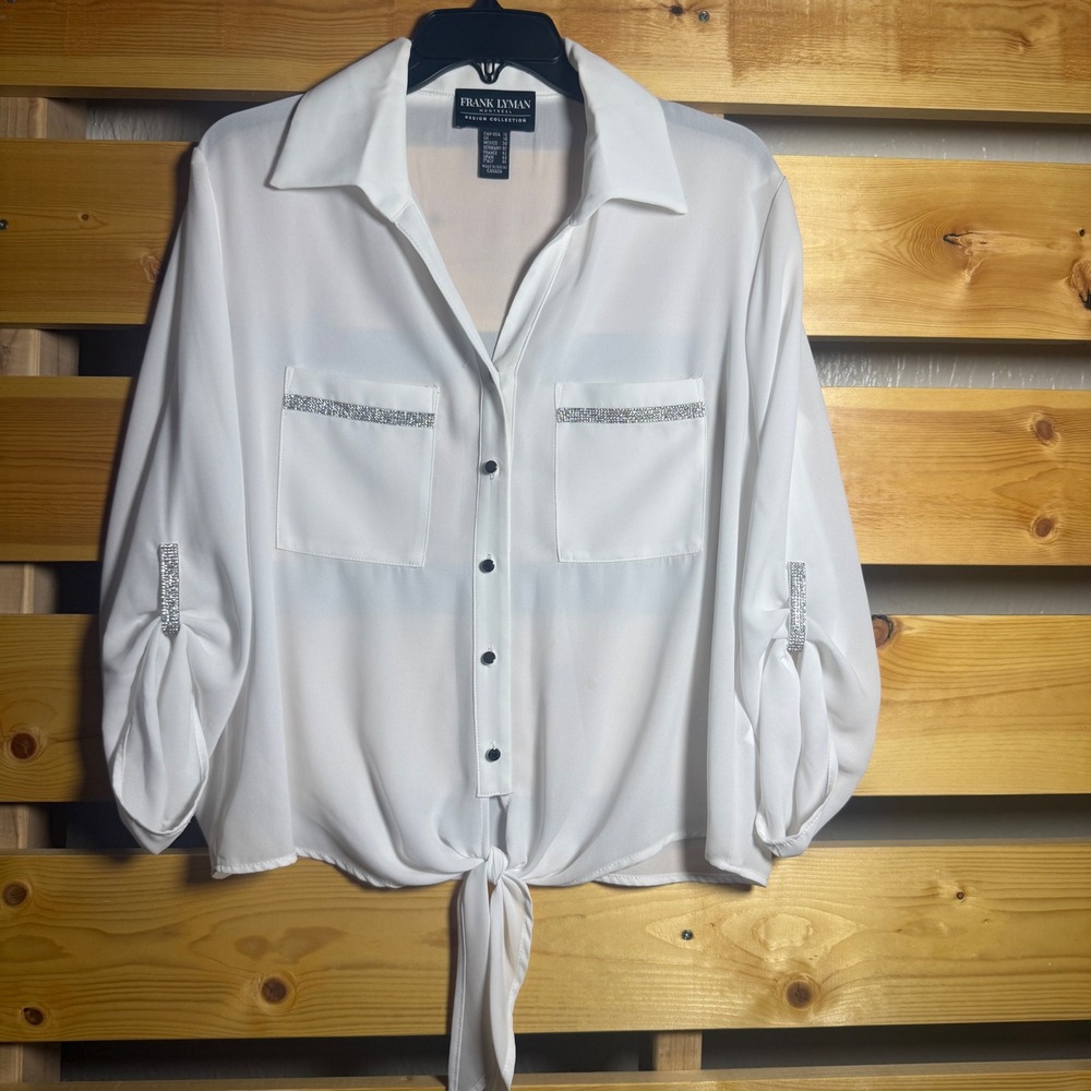 Frank Lyman Blouse Women 12 White Rhinestone Tie Front Roll Tab Sleeve Glam